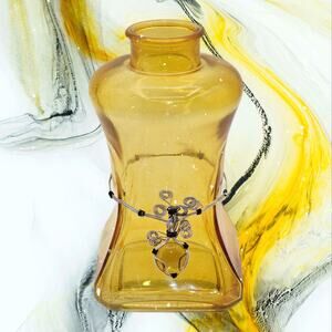 Yellow Glass Bottle Vase with Wire and Amber Gem - Boho Decorative Accent